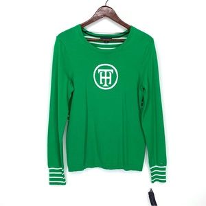 Tommy Hilfiger Green & White Classic Preppy Sweater Chest Logo Striped Back Nwt